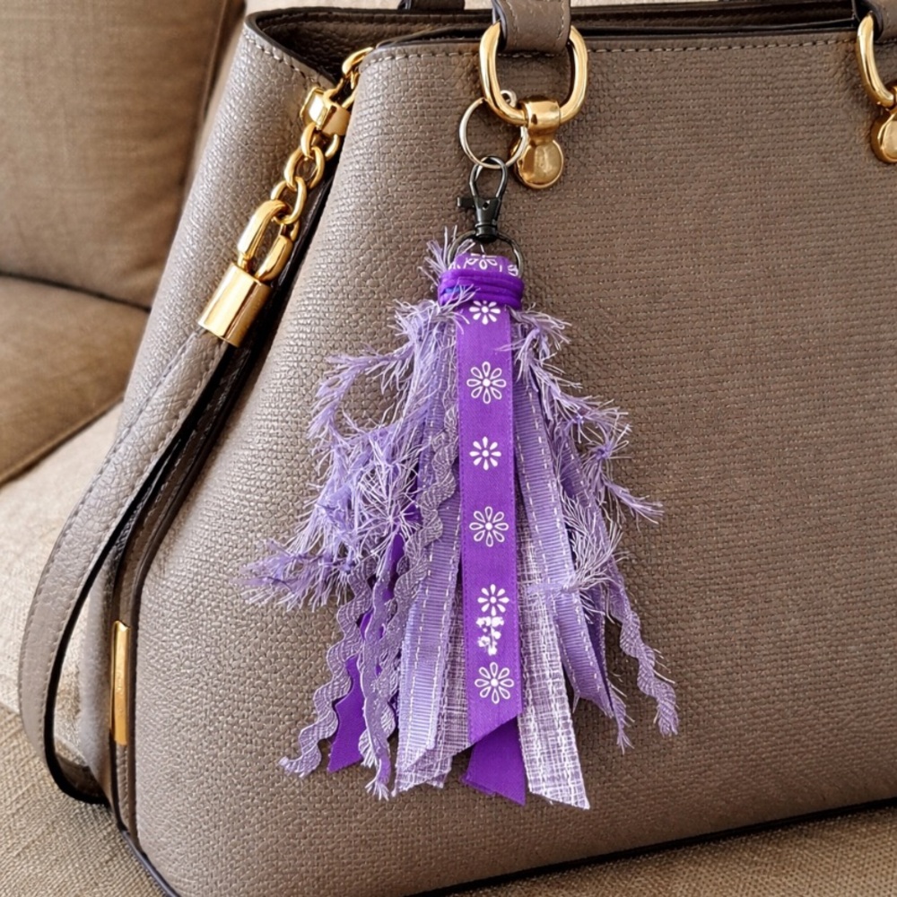 Purple Ribbon Bag Tassel charm, boho Hippie charm, Clip on Bag, backpack